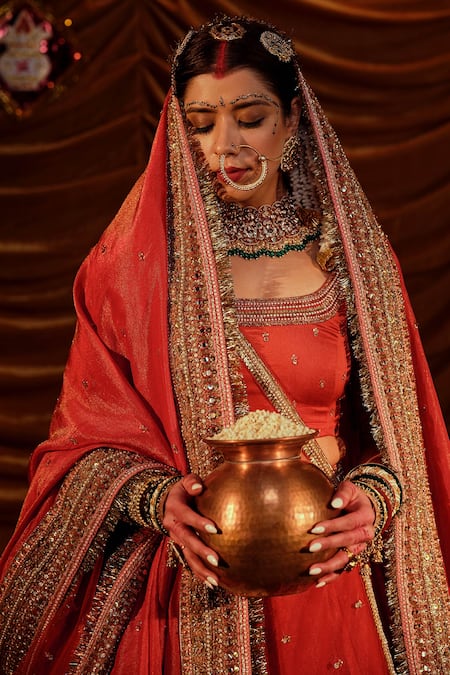 Shop Payal & Zinal Red Velvet, Net, Georgette Aanchal Golden Embroidered Bridal Lehenga Set Online at Aza Fashions Shop_Payal & Zinal_Red Velvet, Net, Georgette Aanchal Golden Embroidered Bridal Lehenga Set _Online_at_Aza_Fashions