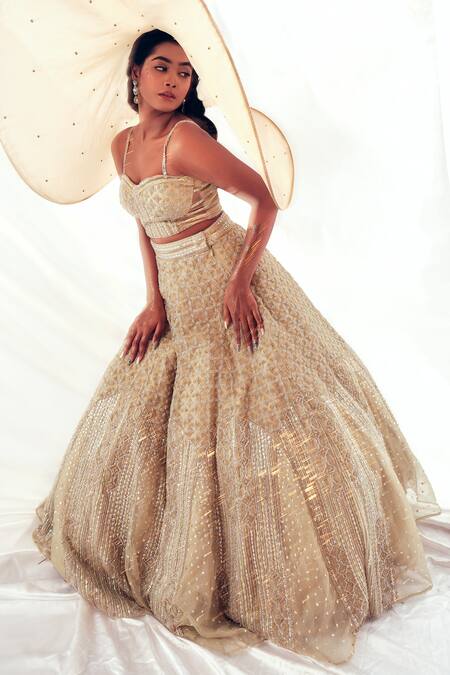 Shop Payal & Zinal Beige Organza Embroidery, Beads Amara Glass Embellished Bridal Lehenga Set Online at Aza Fashions Shop_Payal & Zinal_Beige Organza Embroidery, Beads Amara Glass Embellished Bridal Lehenga Set _Online_at_Aza_Fashions