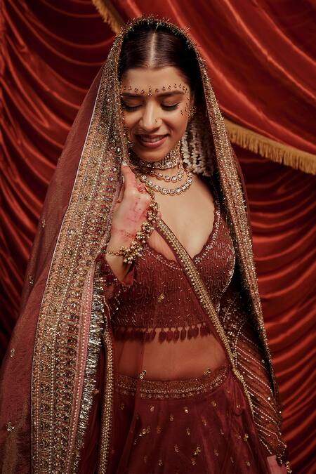 Payal & Zinal_Brown Net, Velvet, Georgette Pearls, Anmol Embellished Bridal Lehenga Set _Online_at_Aza_Fashions