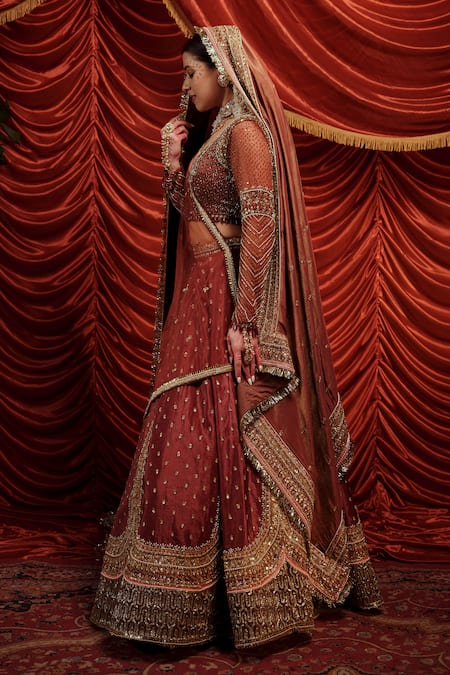 Buy_Payal & Zinal_Brown Net, Velvet, Georgette Pearls, Anmol Embellished Bridal Lehenga Set _Online_at_Aza_Fashions
