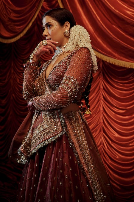 Shop_Payal & Zinal_Brown Net, Velvet, Georgette Pearls, Anmol Embellished Bridal Lehenga Set _Online_at_Aza_Fashions