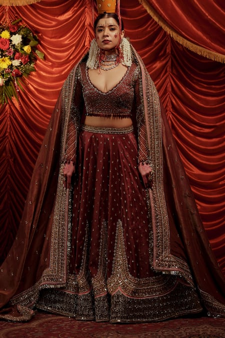 Payal & Zinal_Brown Net, Velvet, Georgette Pearls, Anmol Embellished Bridal Lehenga Set _at_Aza_Fashions