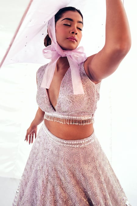 Buy_Payal & Zinal_Purple Gabardine, Gingham, Net Euphoria Bloom Embellished Bridal Lehenga Set _Online_at_Aza_Fashions