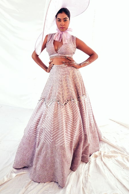 Shop_Payal & Zinal_Purple Gabardine, Gingham, Net Euphoria Bloom Embellished Bridal Lehenga Set _Online_at_Aza_Fashions