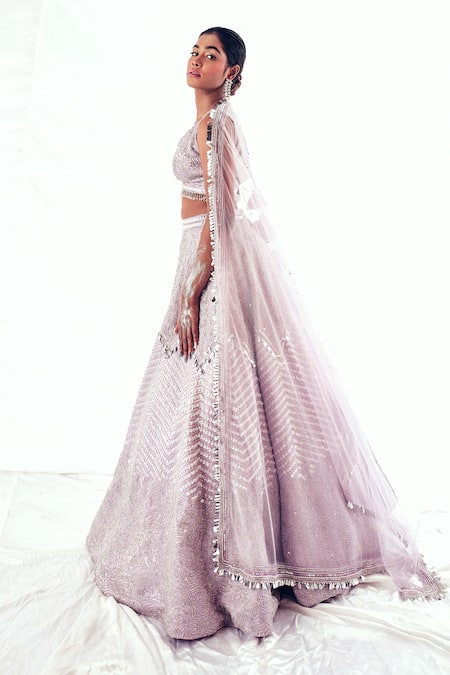Payal & Zinal_Purple Gabardine, Gingham, Net Euphoria Bloom Embellished Bridal Lehenga Set _at_Aza_Fashions