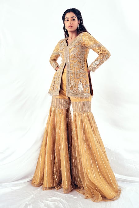 Payal & Zinal Gold Top Net Embroidery Glass Cut Beads V Hour Blossom Garden With Gharara