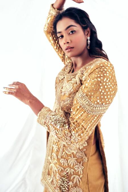 Payal & Zinal Gold Net, Organza, Silk Hour Blossom Garden Embroidered Top With Gharara Online at Aza Fashions Payal & Zinal_Gold Net, Organza, Silk Hour Blossom Garden Embroidered Top With Gharara _Online_at_Aza_Fashions