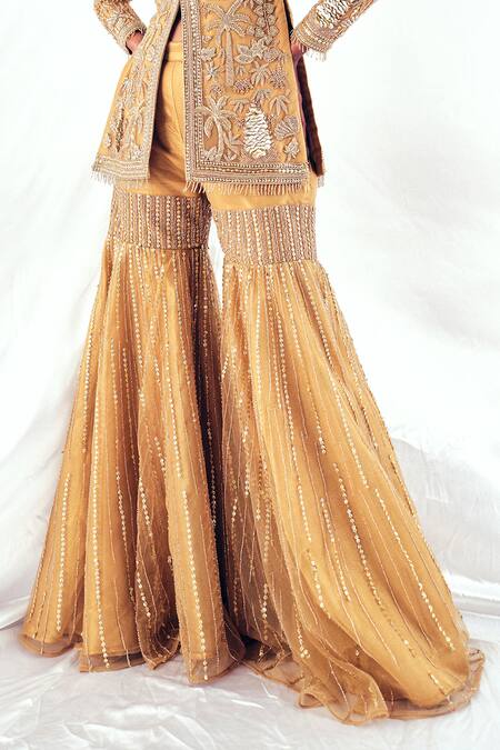 Payal & Zinal Gold Net, Organza, Silk Hour Blossom Garden Embroidered Top With Gharara at Aza Fashions Payal & Zinal_Gold Net, Organza, Silk Hour Blossom Garden Embroidered Top With Gharara _at_Aza_Fashions