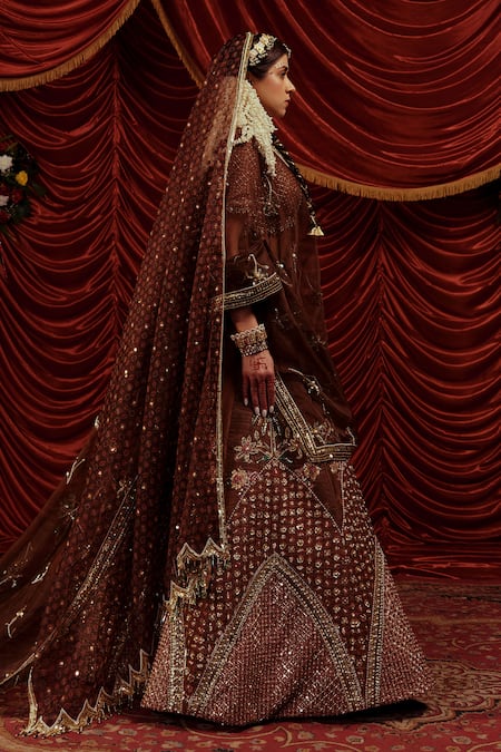 Payal & Zinal Brown Velvet, Organza Pearls, Katha Chevron Bloom Embroidered Bridal Lehenga Set Online at Aza Fashions Payal & Zinal_Brown Velvet, Organza Pearls, Katha Chevron Bloom Embroidered Bridal Lehenga Set _Online_at_Aza_Fashions