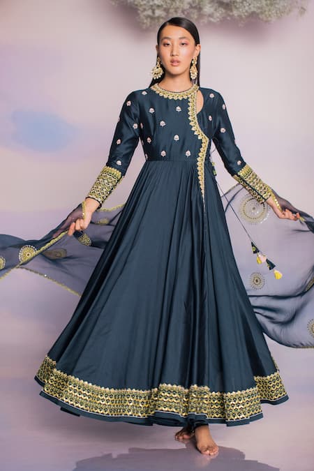 Madzin Blue Chanderi Hand Embroidery Gota Round Bodice Anarkali Set 