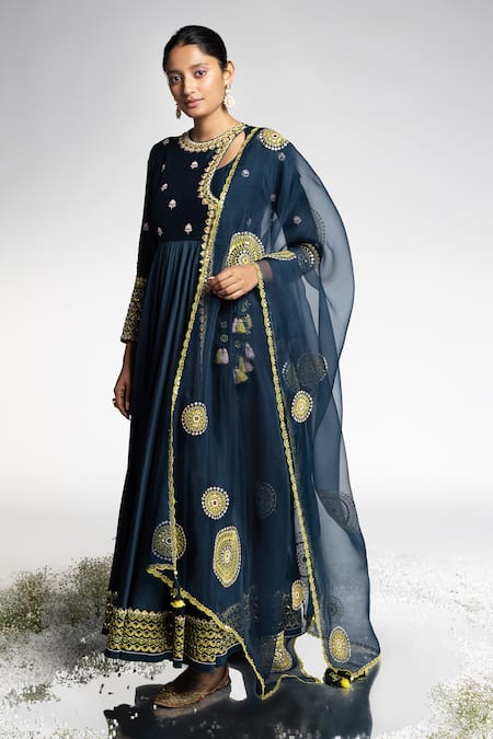 Shop Madzin Blue Chanderi Hand Embroidery Gota Round Bodice Anarkali Set at Aza Fashions Shop_Madzin_Blue Chanderi Hand Embroidery Gota Round Bodice Anarkali Set _at_Aza_Fashions