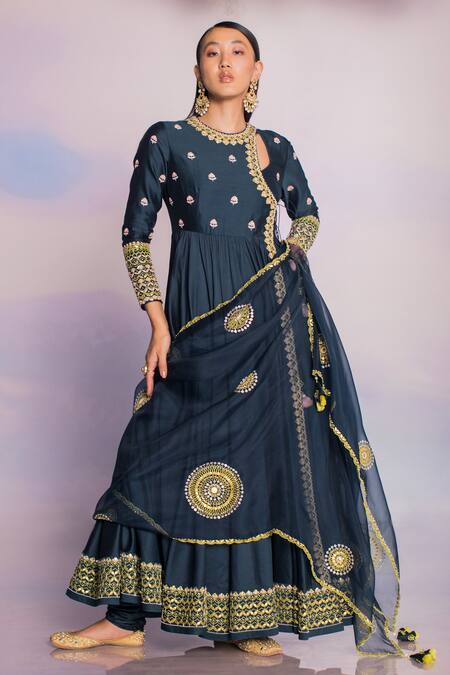 Madzin Blue Chanderi Hand Embroidery Gota Round Bodice Anarkali Set Online at Aza Fashions Madzin_Blue Chanderi Hand Embroidery Gota Round Bodice Anarkali Set _Online_at_Aza_Fashions