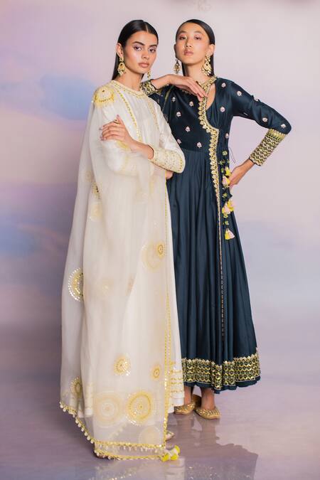 Madzin Blue Chanderi Hand Embroidery Gota Round Bodice Anarkali Set at Aza Fashions Madzin_Blue Chanderi Hand Embroidery Gota Round Bodice Anarkali Set _at_Aza_Fashions