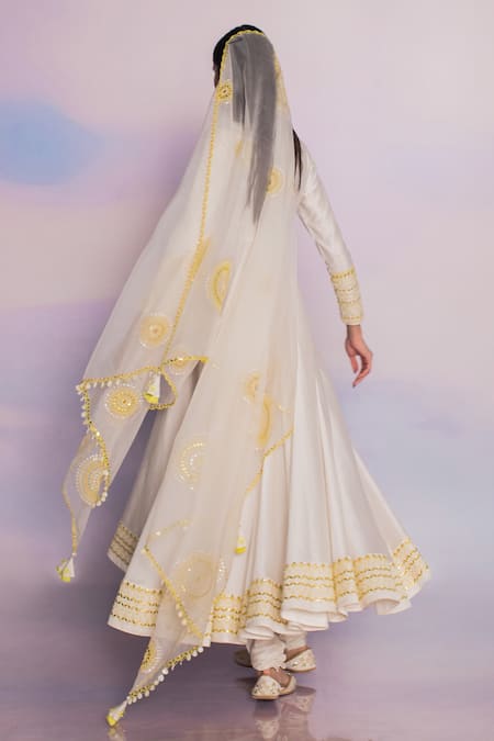 Shop Madzin Ivory Chanderi Hand Embroidery Gota Round Bodice Anarkali Set at Aza Fashions Shop_Madzin_Ivory Chanderi Hand Embroidery Gota Round Bodice Anarkali Set _at_Aza_Fashions