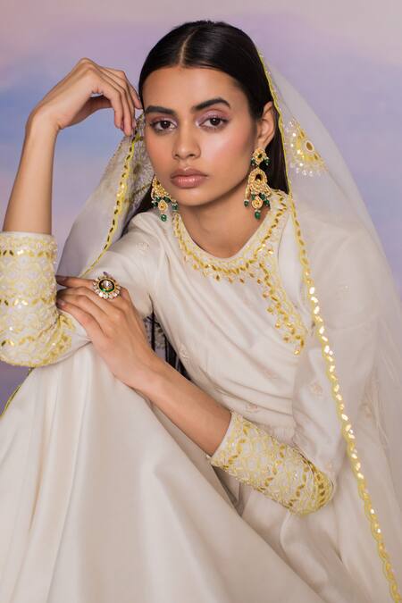 Buy Madzin Ivory Chanderi Hand Embroidery Gota Round Bodice Anarkali Set Online at Aza Fashions Buy_Madzin_Ivory Chanderi Hand Embroidery Gota Round Bodice Anarkali Set _Online_at_Aza_Fashions