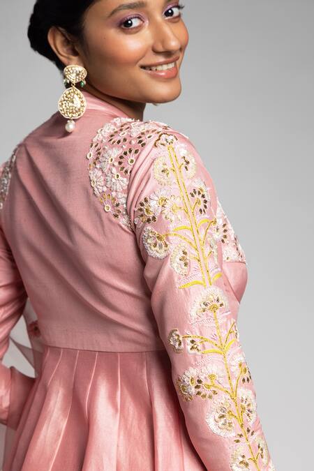 Buy_Madzin_Pink Chanderi Hand Embroidery Floral Deep V Neck Yoke Anarkali Set _Online_at_Aza_Fashions