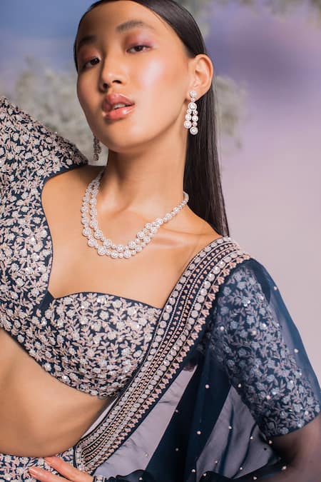 Madzin_Blue Georgette, Organza, Silk Embroidery, Floral Hand Bridal Lehenga Set _at_Aza_Fashions