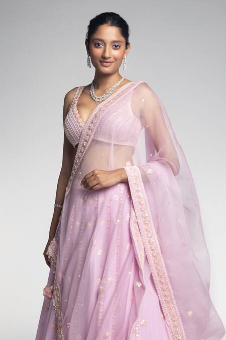 Madzin_Purple Silk, Georgette, Organza, Cotton Zardozi Hand Bridal Lehenga Set _Online_at_Aza_Fashions