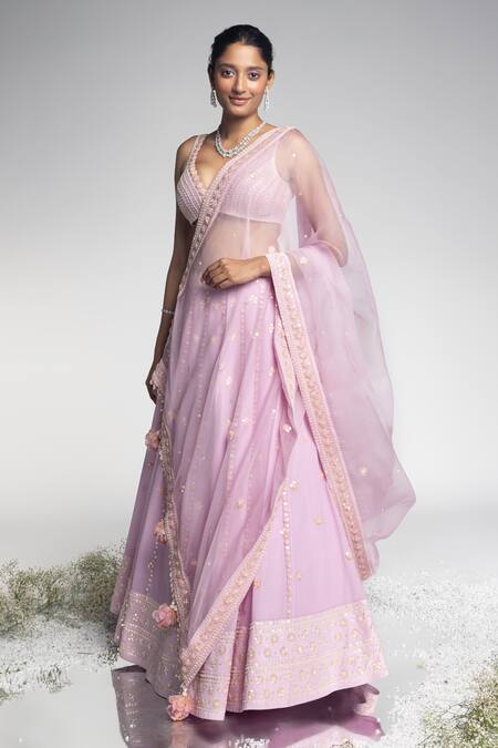 Buy_Madzin_Purple Silk, Georgette, Organza, Cotton Zardozi Hand Bridal Lehenga Set _Online_at_Aza_Fashions