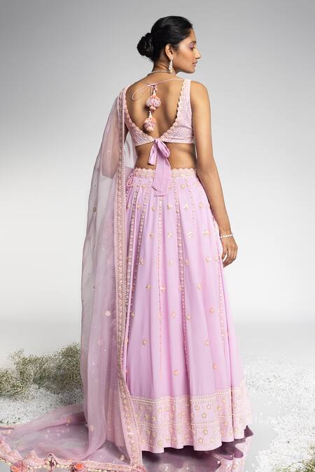 Shop_Madzin_Purple Silk, Georgette, Organza, Cotton Zardozi Hand Bridal Lehenga Set _Online_at_Aza_Fashions