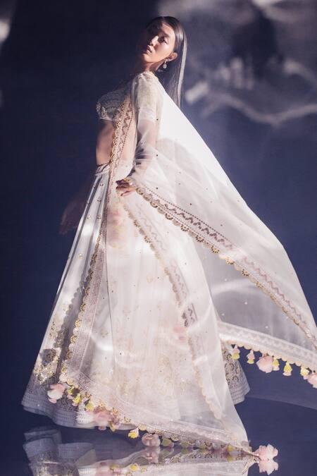 Madzin_White Organza, Silk, Cotton Gota Patti, Hand Embroidered Bridal Lehenga Set _Online_at_Aza_Fashions