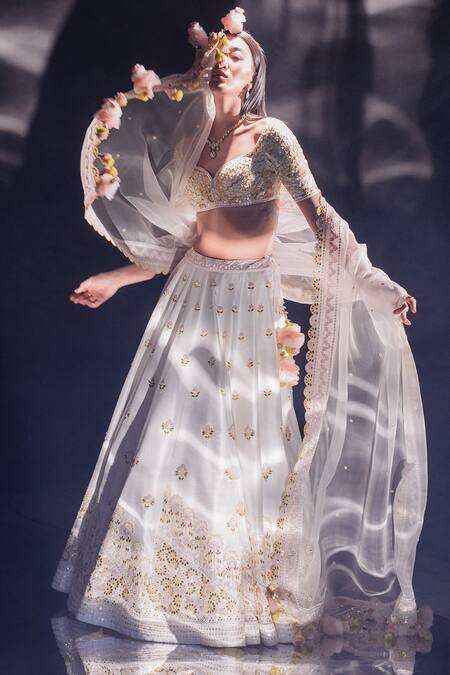 Buy_Madzin_White Organza, Silk, Cotton Gota Patti, Hand Embroidered Bridal Lehenga Set _Online_at_Aza_Fashions