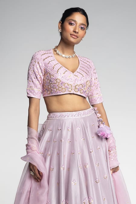 Madzin_Purple Organza, Silk, Cotton Floral Butti Hand Embroidered Bridal Lehenga Set _Online_at_Aza_Fashions