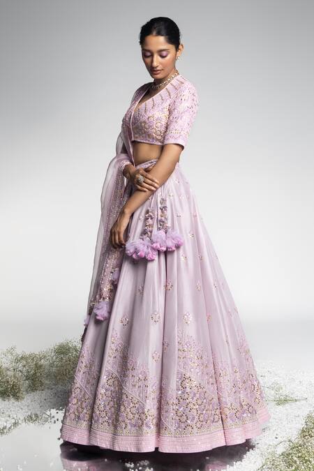 Buy_Madzin_Purple Organza, Silk, Cotton Floral Butti Hand Embroidered Bridal Lehenga Set _Online_at_Aza_Fashions