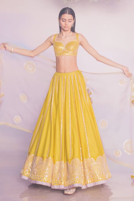 Madzin_Yellow Chanderi, Organza, Silk Hand A-line Flared Bridal Lehenga Set _Online_at_Aza_Fashions