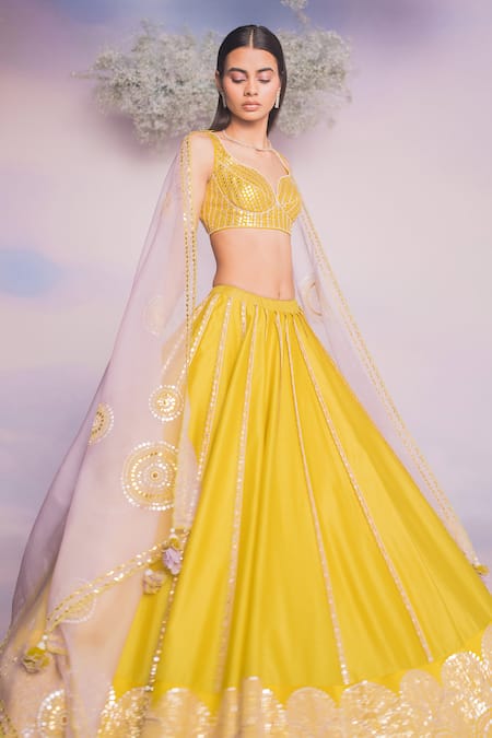 Buy_Madzin_Yellow Chanderi, Organza, Silk Hand A-line Flared Bridal Lehenga Set _Online_at_Aza_Fashions