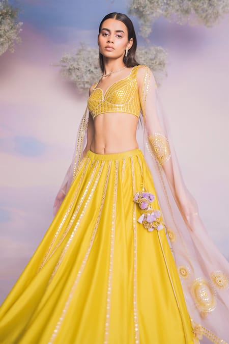 Shop_Madzin_Yellow Chanderi, Organza, Silk Hand A-line Flared Bridal Lehenga Set _Online_at_Aza_Fashions