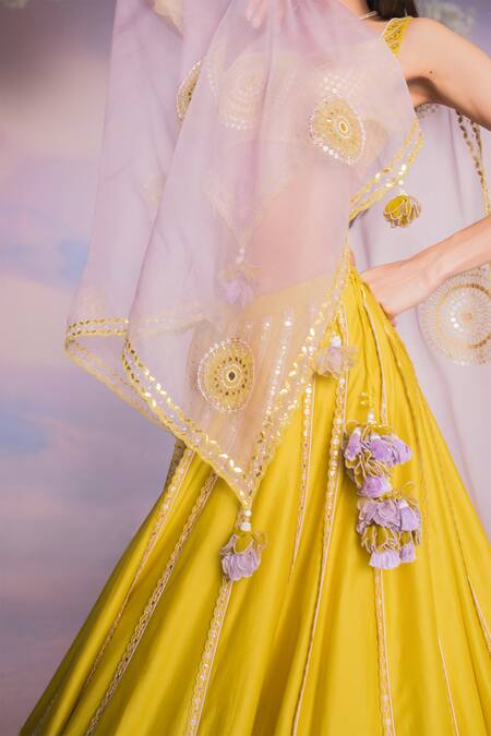 Madzin_Yellow Chanderi, Organza, Silk Hand A-line Flared Bridal Lehenga Set _at_Aza_Fashions