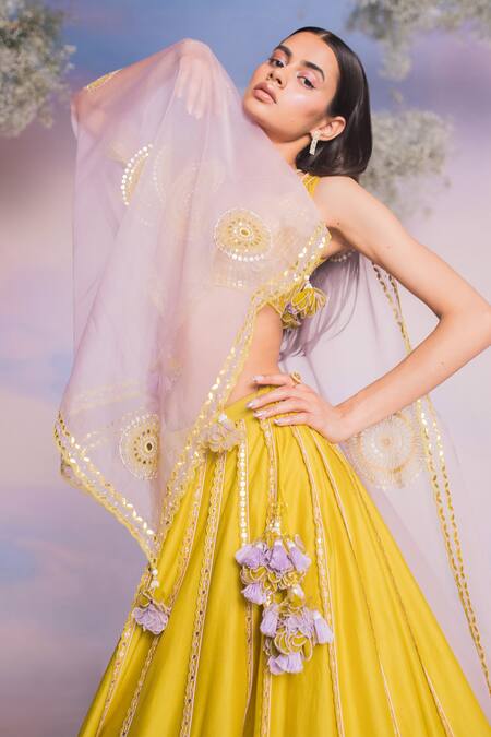 Buy_Madzin_Yellow Chanderi, Organza, Silk Hand A-line Flared Bridal Lehenga Set 