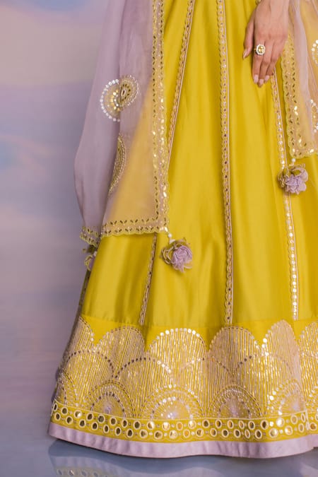 Shop_Madzin_Yellow Chanderi, Organza, Silk Hand A-line Flared Bridal Lehenga Set 