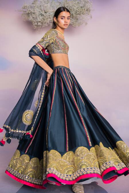 Buy_Madzin_Blue Chanderi, Organza, Silk Embroidery, Sequins, Hand Bridal Lehenga Set _Online_at_Aza_Fashions