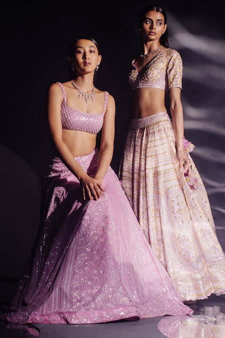 Madzin_Purple Georgette, Net Sequins, Beads, And French Knots Bridal Lehenga Set _Online_at_Aza_Fashions