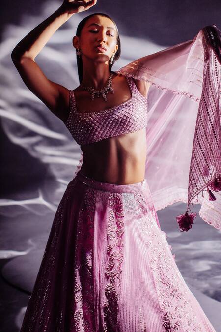Buy_Madzin_Purple Georgette, Net Sequins, Beads, And French Knots Bridal Lehenga Set _Online_at_Aza_Fashions