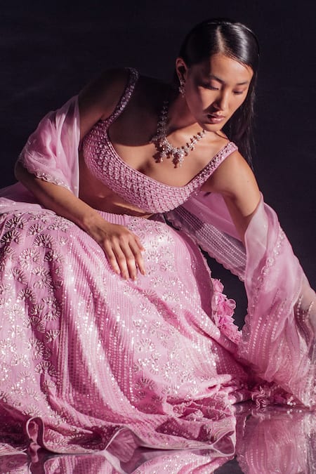 Shop_Madzin_Purple Georgette, Net Sequins, Beads, And French Knots Bridal Lehenga Set _Online_at_Aza_Fashions