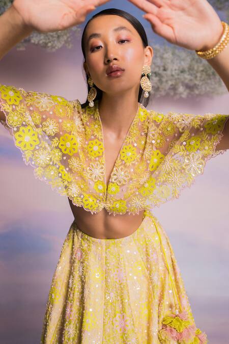 Madzin_Green Chanderi, Organza, Silk Embroidery V-neck Floral Bloom Hand Lehenga Set _Online_at_Aza_Fashions