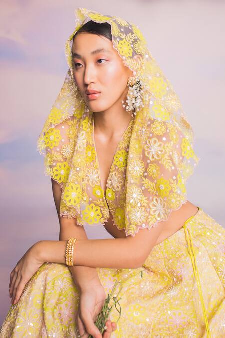 Buy_Madzin_Green Chanderi, Organza, Silk Embroidery V-neck Floral Bloom Hand Lehenga Set _Online_at_Aza_Fashions