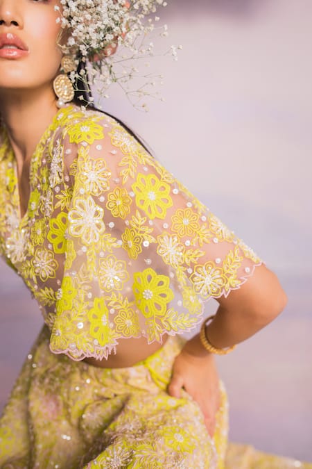 Madzin_Green Chanderi, Organza, Silk Embroidery V-neck Floral Bloom Hand Lehenga Set _at_Aza_Fashions