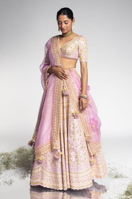 Madzin_Purple Organza, Georgette, Dupion, Silk Flower Vine Embroidered Lehenga Set _Online_at_Aza_Fashions