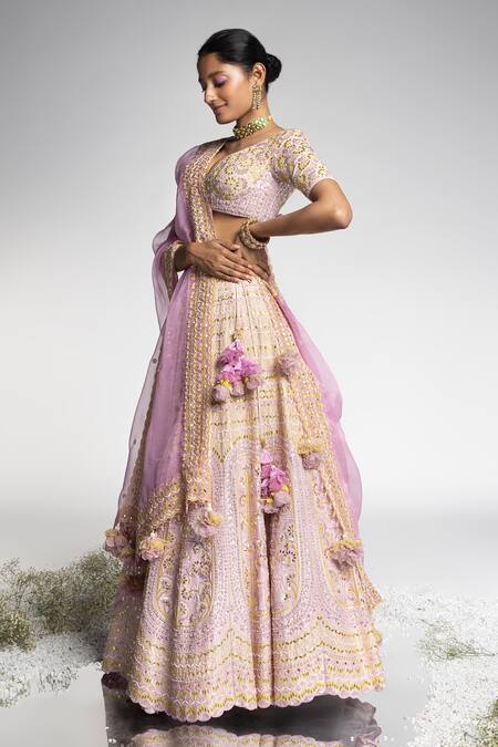 Buy_Madzin_Purple Organza, Georgette, Dupion, Silk Flower Vine Embroidered Lehenga Set _Online_at_Aza_Fashions