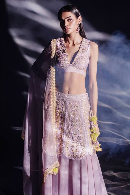 Madzin_Purple Organza, Cotton Satin, Silk Sequins, Embroidery Gota Hand Lehenga Set _Online_at_Aza_Fashions