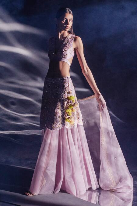 Buy_Madzin_Purple Organza, Cotton Satin, Silk Sequins, Embroidery Gota Hand Lehenga Set _Online_at_Aza_Fashions