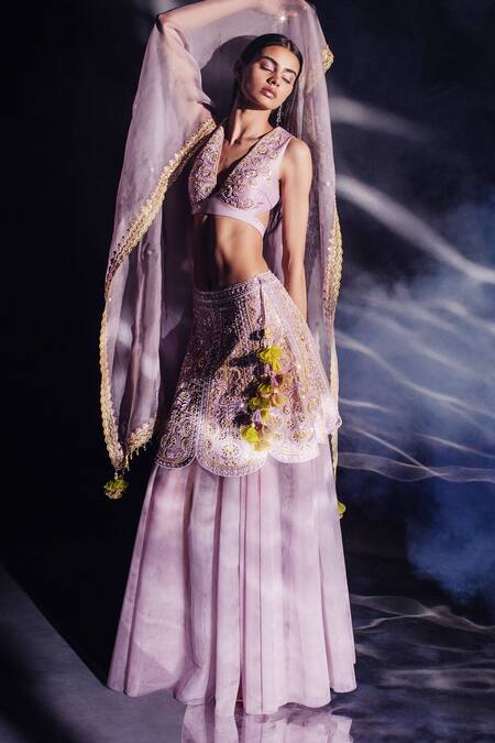 Shop_Madzin_Purple Organza, Cotton Satin, Silk Sequins, Embroidery Gota Hand Lehenga Set _Online_at_Aza_Fashions
