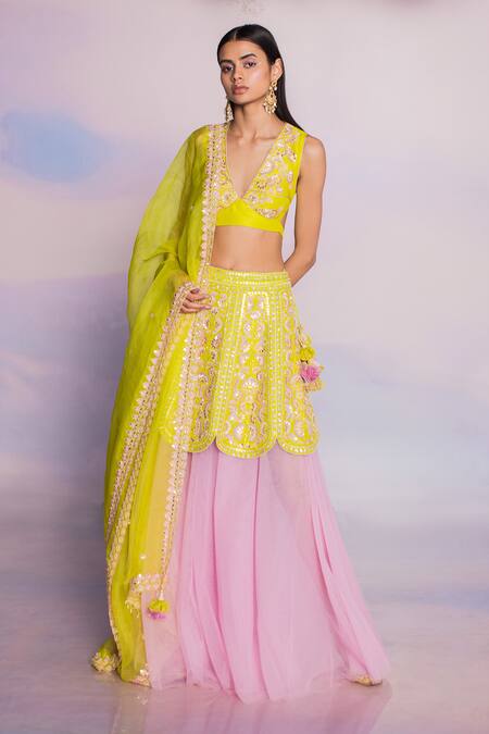 Madzin_Purple Organza, Cotton Satin, Silk Embroidery, Sequins Floral Gota Lehenga Set _Online_at_Aza_Fashions