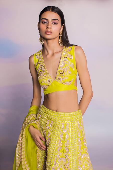 Buy_Madzin_Purple Organza, Cotton Satin, Silk Embroidery, Sequins Floral Gota Lehenga Set _Online_at_Aza_Fashions