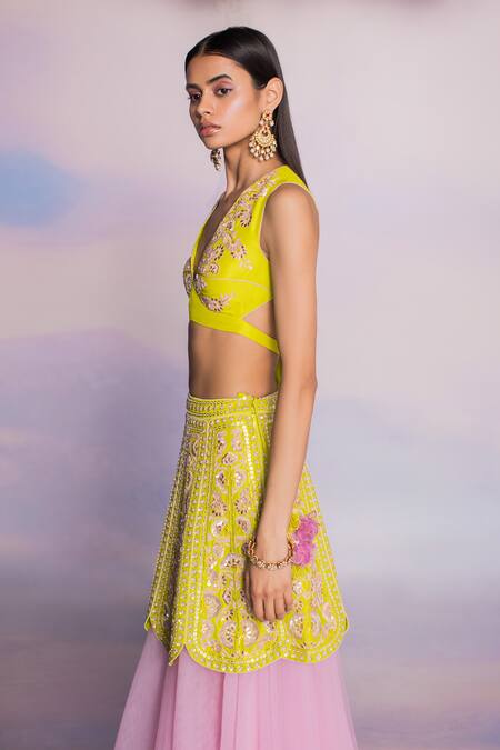 Shop_Madzin_Purple Organza, Cotton Satin, Silk Embroidery, Sequins Floral Gota Lehenga Set _Online_at_Aza_Fashions