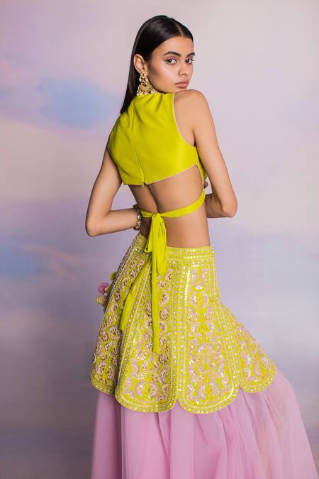 Madzin_Purple Organza, Cotton Satin, Silk Embroidery, Sequins Floral Gota Lehenga Set _at_Aza_Fashions